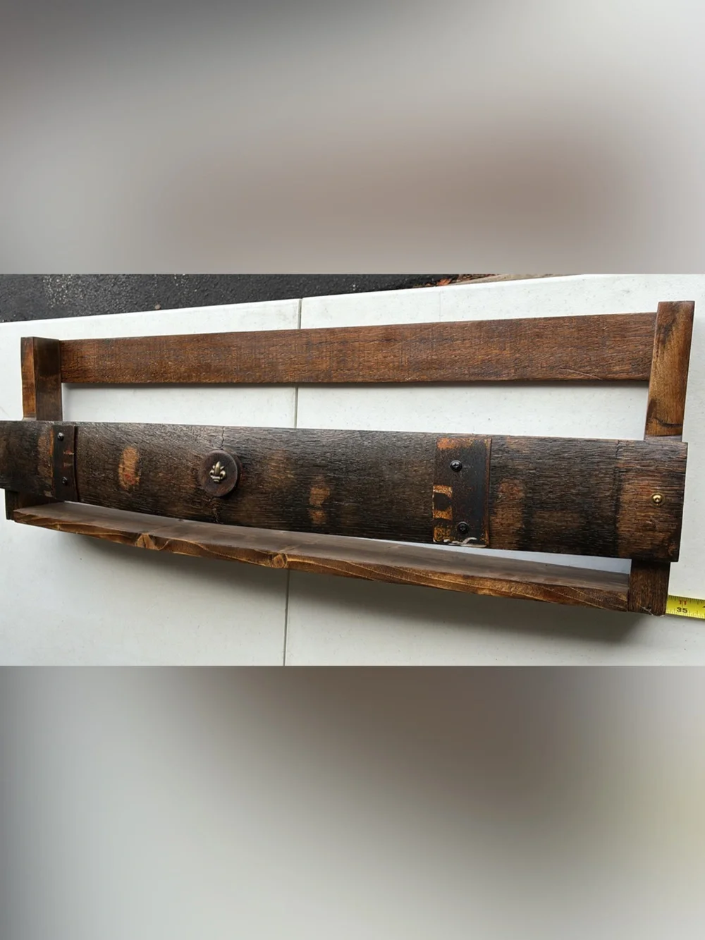 Brand New Handcrafted Rustic Dark-Charred Wood Bourbon Barrel Wall Decor Shelf